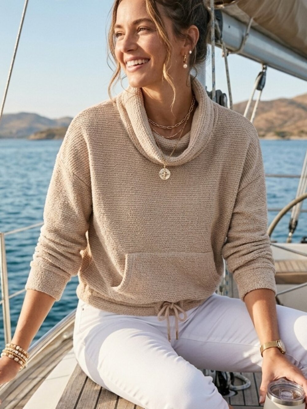 90 Degree by Reflex XL Textured Knit Cowl Neck Pullover Oatmeal Pink Drawstring